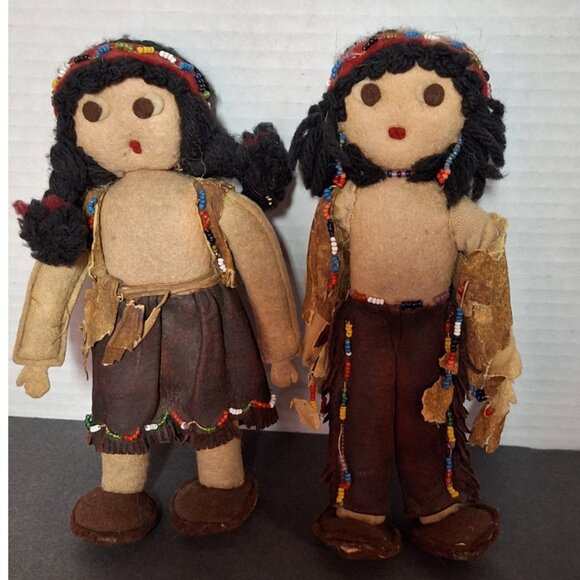 Other - 2 - Vintage Native American Handmade 7.5" Leather Clothing Dolls